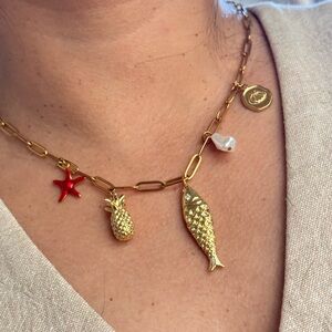 Gold Charm Necklace with Red Starfish